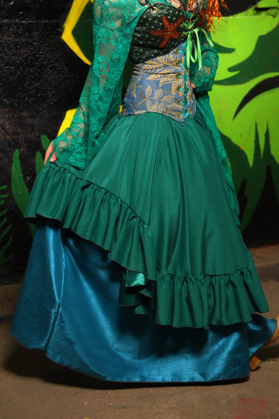 Crescent Skirt w/ruffle in Green Reverse Crepe Satin - "Siren's Shanties" Collection
