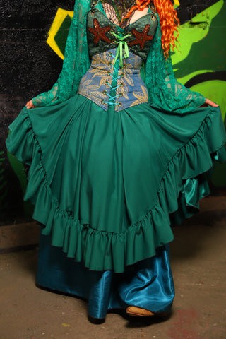 Crescent Skirt w/ruffle in Green Reverse Crepe Satin - "Siren's Shanties" Collection
