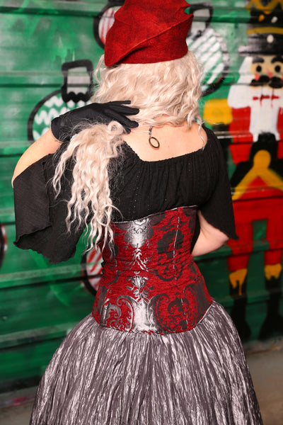 Petite Wench Corset  in Crimson and Pewter Medallion - The "Belsnickel's Beauty" Collection