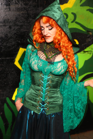 Hooded Vixen Corset in Shamrock Damask - "Siren's Shanties" Collection
