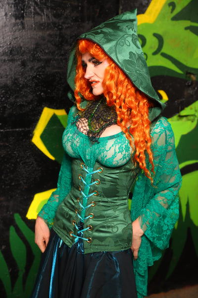 Hooded Vixen Corset in Shamrock Damask - "Siren's Shanties" Collection