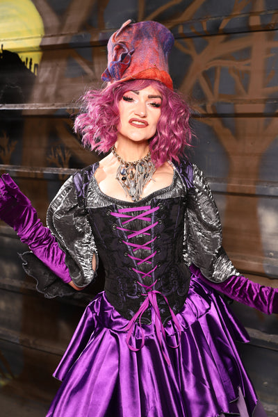 38. Elizabethan Corset in Black & Purple Medallion - THE HEXES, HEMS & HYSTERIA COLLECTION