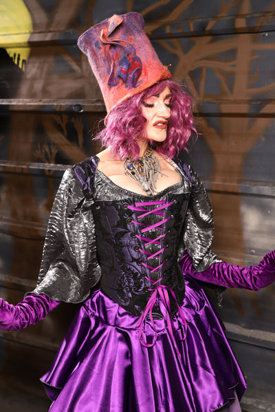 38. Elizabethan Corset in Black & Purple Medallion - THE HEXES, HEMS & HYSTERIA COLLECTION