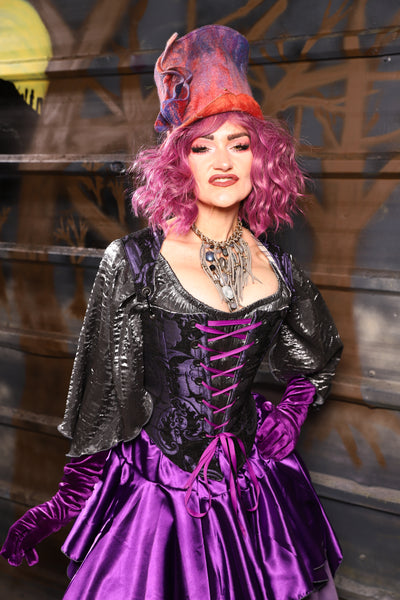 38. Elizabethan Corset in Black & Purple Medallion - THE HEXES, HEMS & HYSTERIA COLLECTION