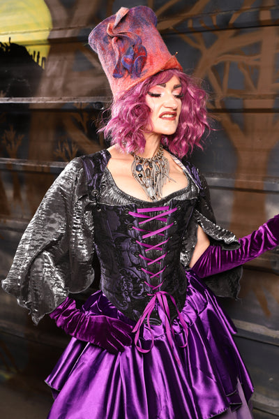 38. Elizabethan Corset in Black & Purple Medallion - THE HEXES, HEMS & HYSTERIA COLLECTION