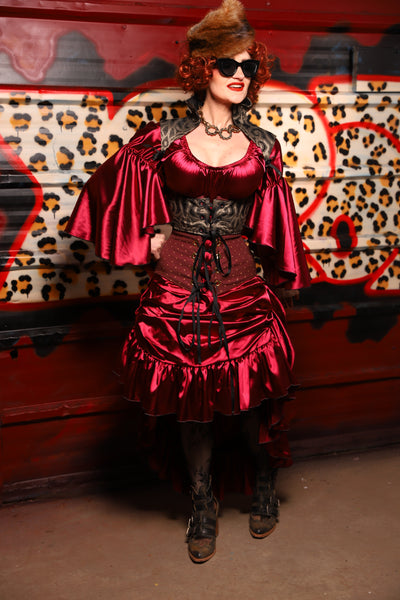 36. Swoon Skirt w/ruffle in Garnet Satin - The Lipstick and Caviar Collection
