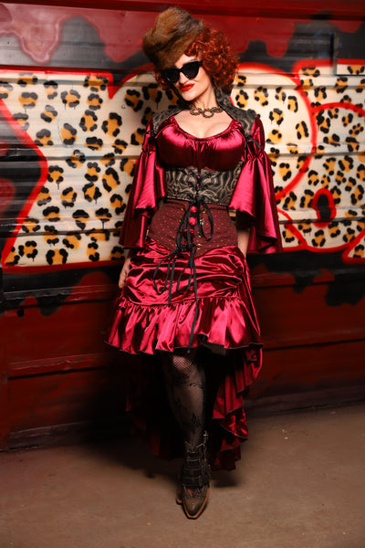 36. Swoon Skirt w/ruffle in Garnet Satin - The Lipstick and Caviar Collection