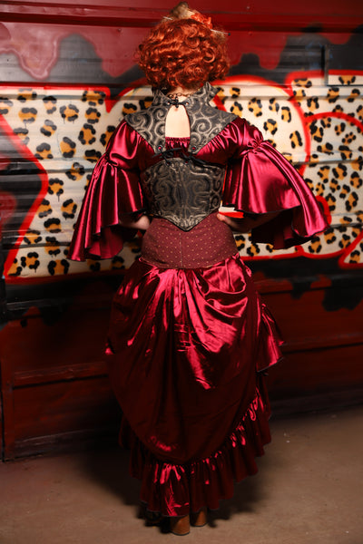 36. Swoon Skirt w/ruffle in Garnet Satin - The Lipstick and Caviar Collection
