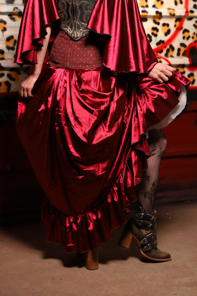 36. Swoon Skirt w/ruffle in Garnet Satin - The Lipstick and Caviar Collection