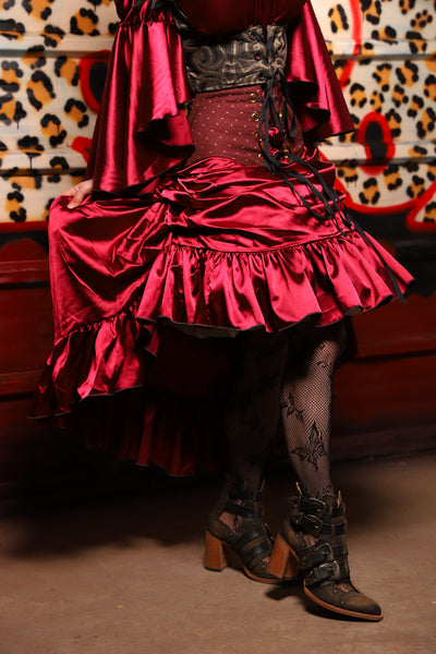 36. Swoon Skirt w/ruffle in Garnet Satin - The Lipstick and Caviar Collection