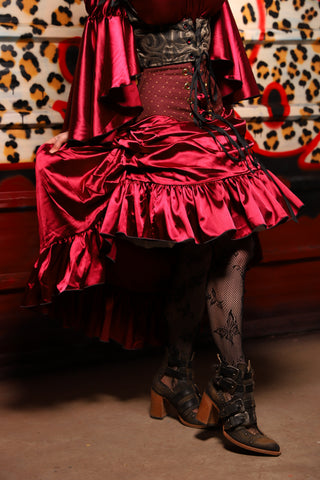 36. Swoon Skirt w/ruffle in Garnet Satin - The Lipstick and Caviar Collection
