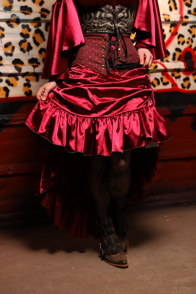 36. Swoon Skirt w/ruffle in Garnet Satin - The Lipstick and Caviar Collection