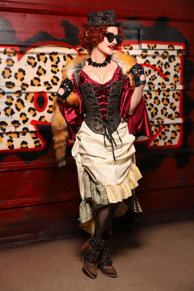 35. Swoon Skirt w/patchwork ruffle in Cream Pin Stripe - The Lipstick and Caviar Collection