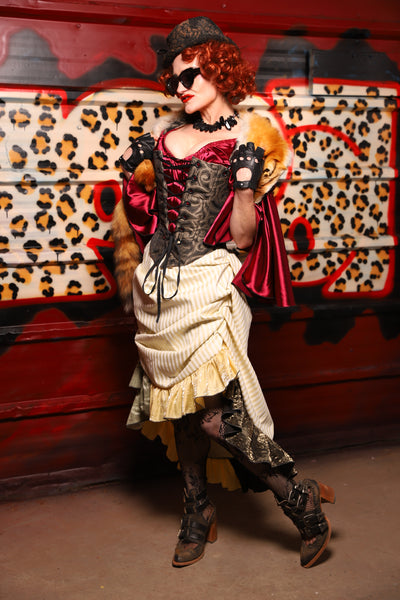 35. Swoon Skirt w/patchwork ruffle in Cream Pin Stripe - The Lipstick and Caviar Collection