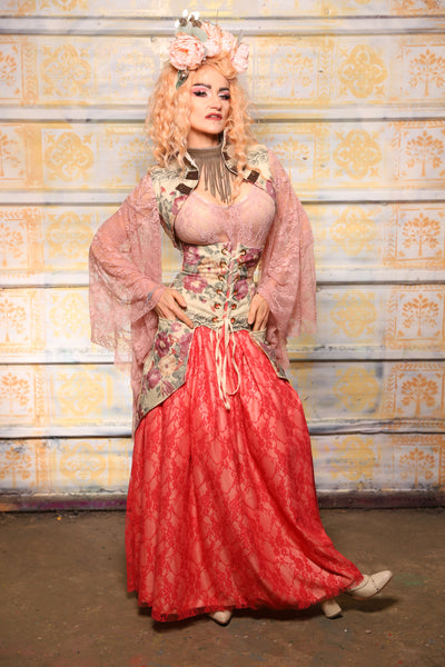 Tulip Skirt in Pink with Coral Lace Over-Lay - The "Peony Petals" Collection