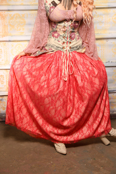 Tulip Skirt in Pink with Coral Lace Over-Lay - The "Peony Petals" Collection