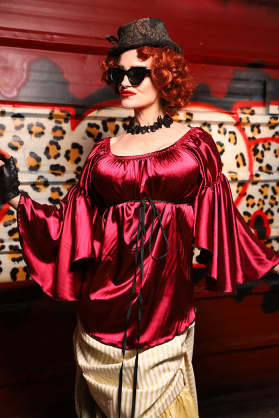 19. Flounce Blouse in Garnet Satin - The Lipstick and Caviar Collection
