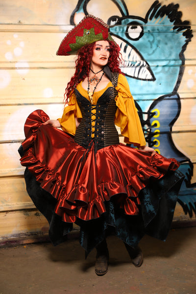 25. Mini Fairy Skirt w/ruffle in Coral Fire Shantung - The Bucc Stops Here! Collection