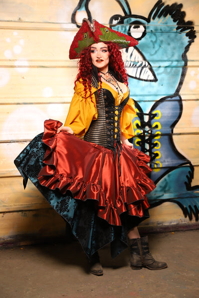 25. Mini Fairy Skirt w/ruffle in Coral Fire Shantung - The Bucc Stops Here! Collection