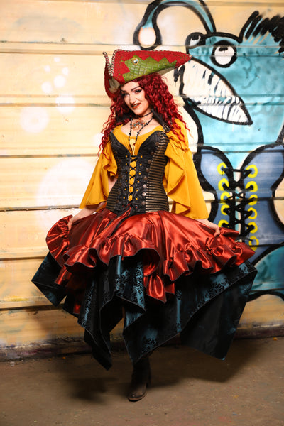 25. Mini Fairy Skirt w/ruffle in Coral Fire Shantung - The Bucc Stops Here! Collection