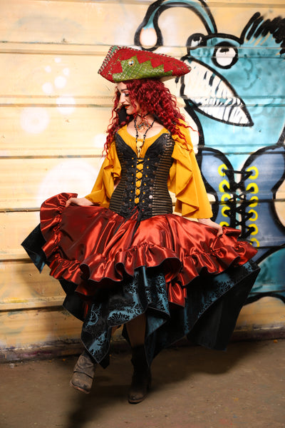 25. Mini Fairy Skirt w/ruffle in Coral Fire Shantung - The Bucc Stops Here! Collection