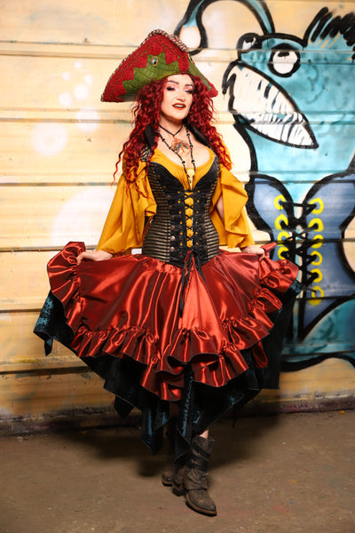 25. Mini Fairy Skirt w/ruffle in Coral Fire Shantung - The Bucc Stops Here! Collection