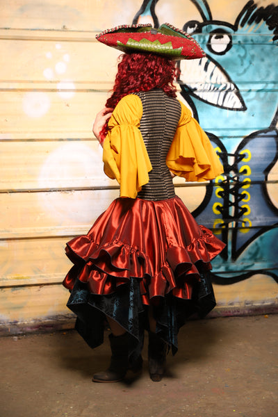 25. Mini Fairy Skirt w/ruffle in Coral Fire Shantung - The Bucc Stops Here! Collection