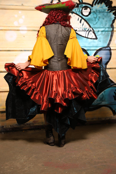 25. Mini Fairy Skirt w/ruffle in Coral Fire Shantung - The Bucc Stops Here! Collection
