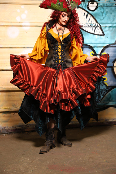 25. Mini Fairy Skirt w/ruffle in Coral Fire Shantung - The Bucc Stops Here! Collection