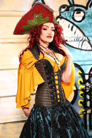 04. Buccaneer Overbust Corset in Blackwater Gold Stripe - The Bucc Stops Here! Collection
