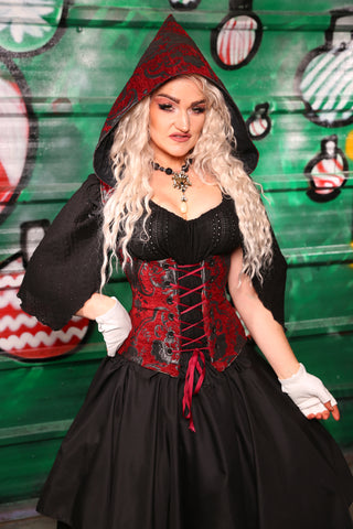 Petite Hooded Vixen Corset in Crimson and Pewter Medallion - The "Belsnickel's Beauty" Collection