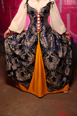 Queenie Split Front Overskirt w/ Big Pocket in Navy & Pearl Damask Jacquard - The Ever After Collection