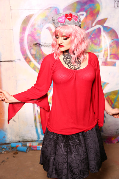 06-Classic Peasant Blouse Split-Tie Sleeves in Corded Red - The Conversation Hearts Collection