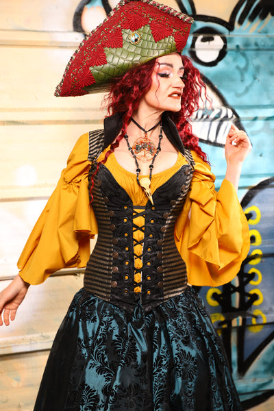 04. Buccaneer Overbust Corset in Blackwater Gold Stripe - The Bucc Stops Here! Collection