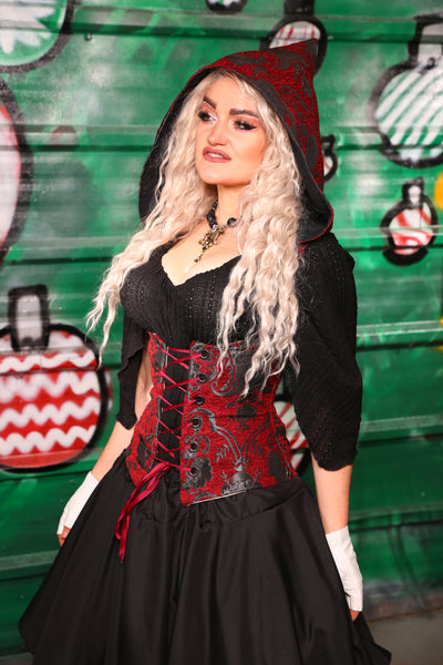 Petite Hooded Vixen Corset in Crimson and Pewter Medallion - The "Belsnickel's Beauty" Collection