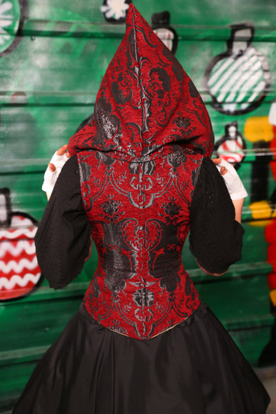 Petite Hooded Vixen Corset in Crimson and Pewter Medallion - The "Belsnickel's Beauty" Collection