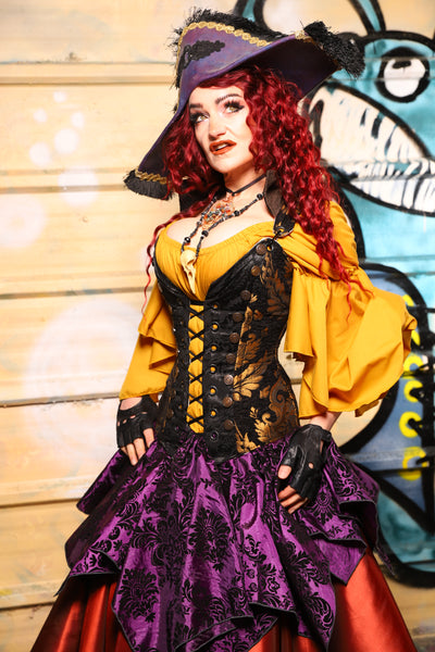 03. Buccaneer Overbust Corset in Black & Gold Grand Medallion - The Bucc Stops Here! Collection