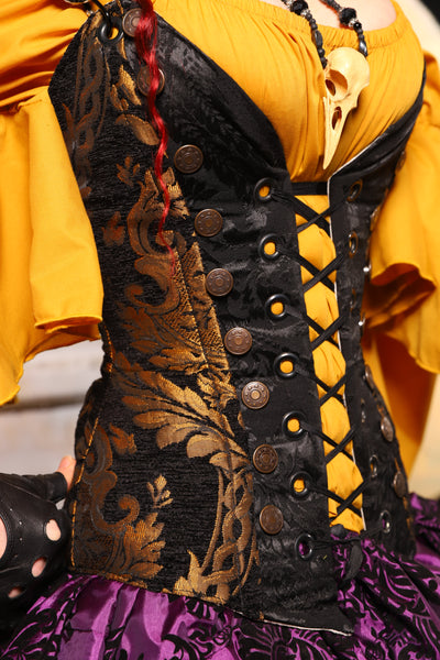 03. Buccaneer Overbust Corset in Black & Gold Grand Medallion - The Bucc Stops Here! Collection