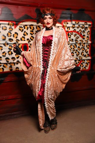 01. Cocoon Robe in Champagne Burnout Stretch Velvet Damask - The Lipstick and Caviar Collection