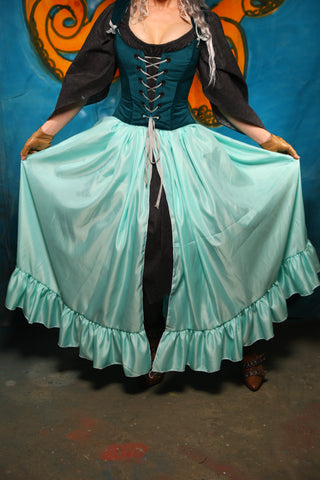 Split Front Skirt w/Ruffles in Tideglass Mint Satin - The "Wanders & Wayfinders" Collection