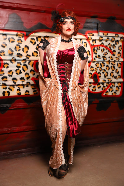01. Cocoon Robe in Champagne Burnout Stretch Velvet Damask - The Lipstick and Caviar Collection