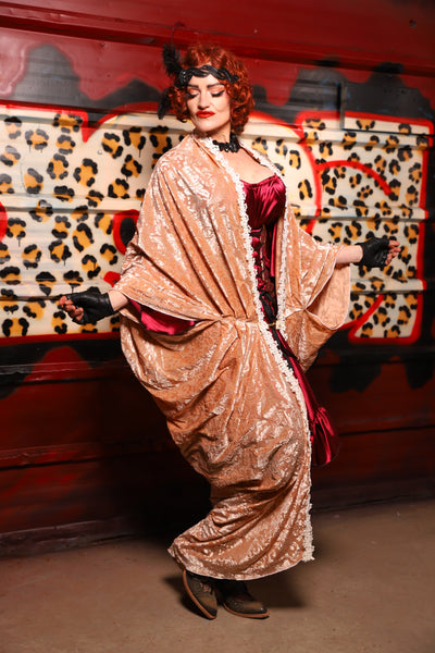 01. Cocoon Robe in Champagne Burnout Stretch Velvet Damask - The Lipstick and Caviar Collection