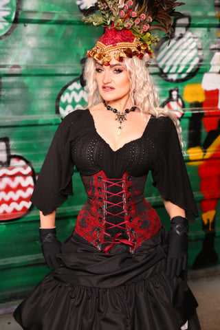 Torian Corset In Crimson and Pewter Medallion - The "Belsnickel's Beauty" Collection