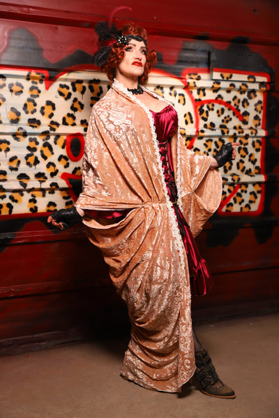 01. Cocoon Robe in Champagne Burnout Stretch Velvet Damask - The Lipstick and Caviar Collection