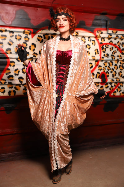 01. Cocoon Robe in Champagne Burnout Stretch Velvet Damask - The Lipstick and Caviar Collection