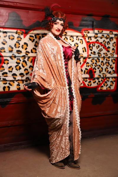 01. Cocoon Robe in Champagne Burnout Stretch Velvet Damask - The Lipstick and Caviar Collection