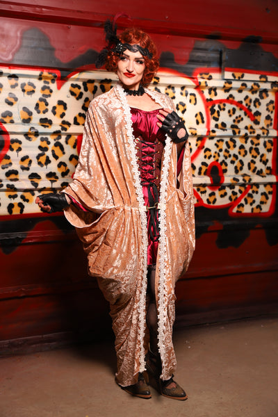 01. Cocoon Robe in Champagne Burnout Stretch Velvet Damask - The Lipstick and Caviar Collection