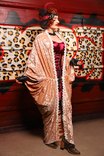 01. Cocoon Robe in Champagne Burnout Stretch Velvet Damask - The Lipstick and Caviar Collection