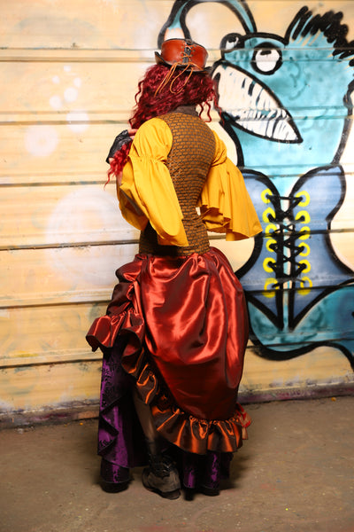 27. Swoon Skirt w/patchwork ruffle in Coral Fire Shantung - The Bucc Stops Here! Collection