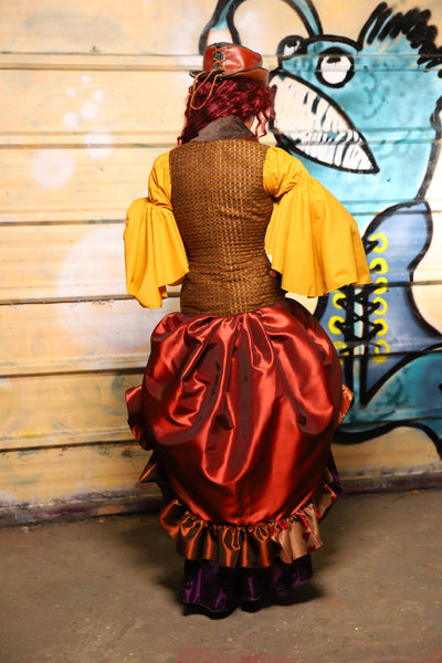 27. Swoon Skirt w/patchwork ruffle in Coral Fire Shantung - The Bucc Stops Here! Collection